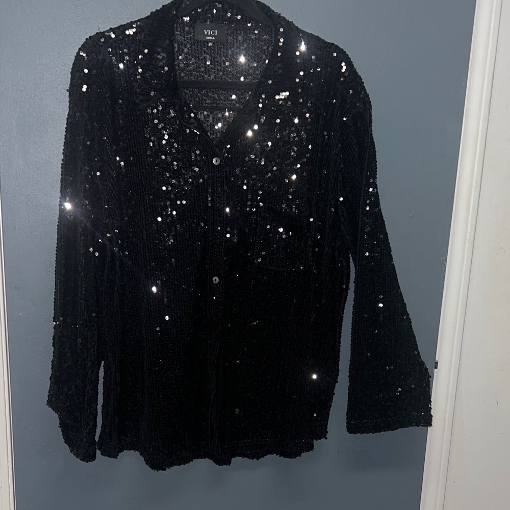 Vici Black Sheer Sequin Button-Down Shirt - Picture 2 of 7